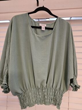 Carmen Sage Green Smocked-Hem Blouse